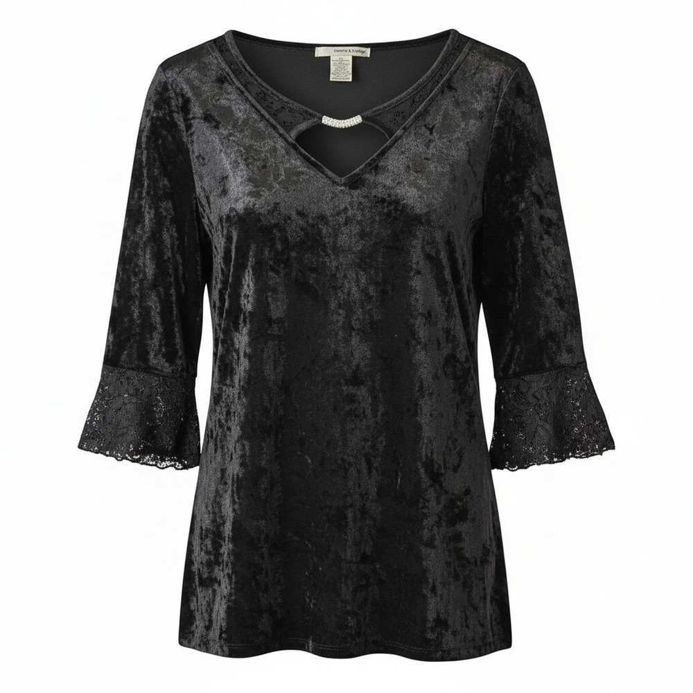 Belah & Codey Vamp Goth Black Velvet Keyhole Neck Metal Rhinestone XL‎ Top Y2K